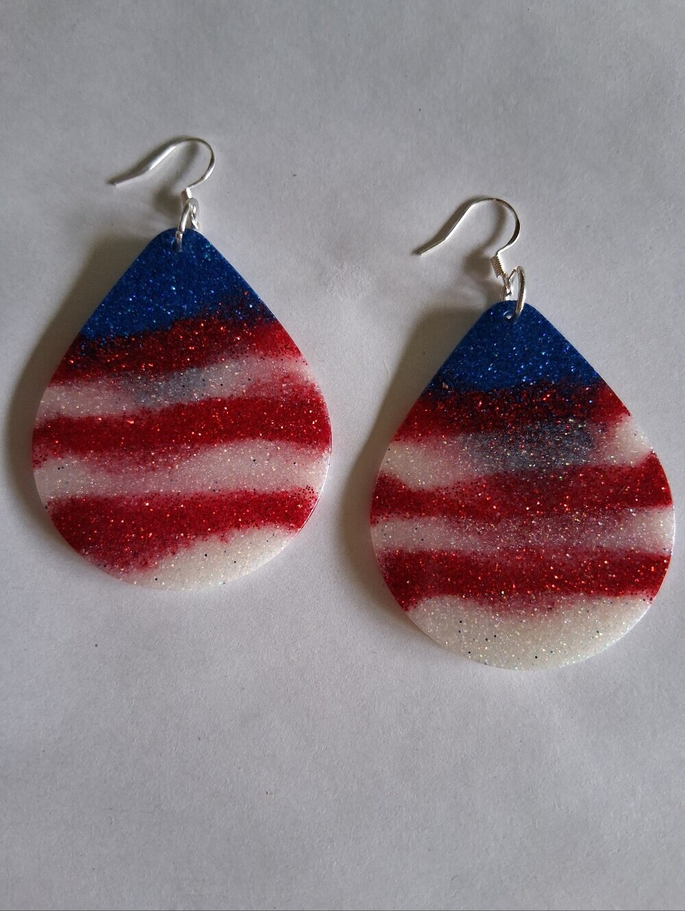 Hand Crafted Red, White & Blue Glitter Teardrop Earrings
